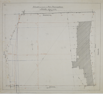 216863 Plattegrond van het bouwterrein voor het nieuwe postkantoor aan de Neude te Utrecht; met de contouren van de af ...